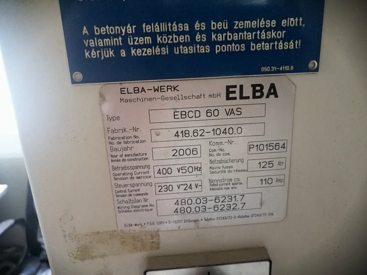 ELBA EBCD 60 VAS – natpisna pločica, tip EBCD 60 VAS, godište 2006.